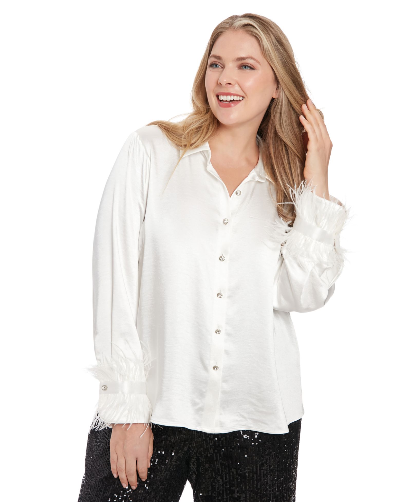 Muse Plus Size Collared Faux Feather-Trim-Sleeve Satin Shirt