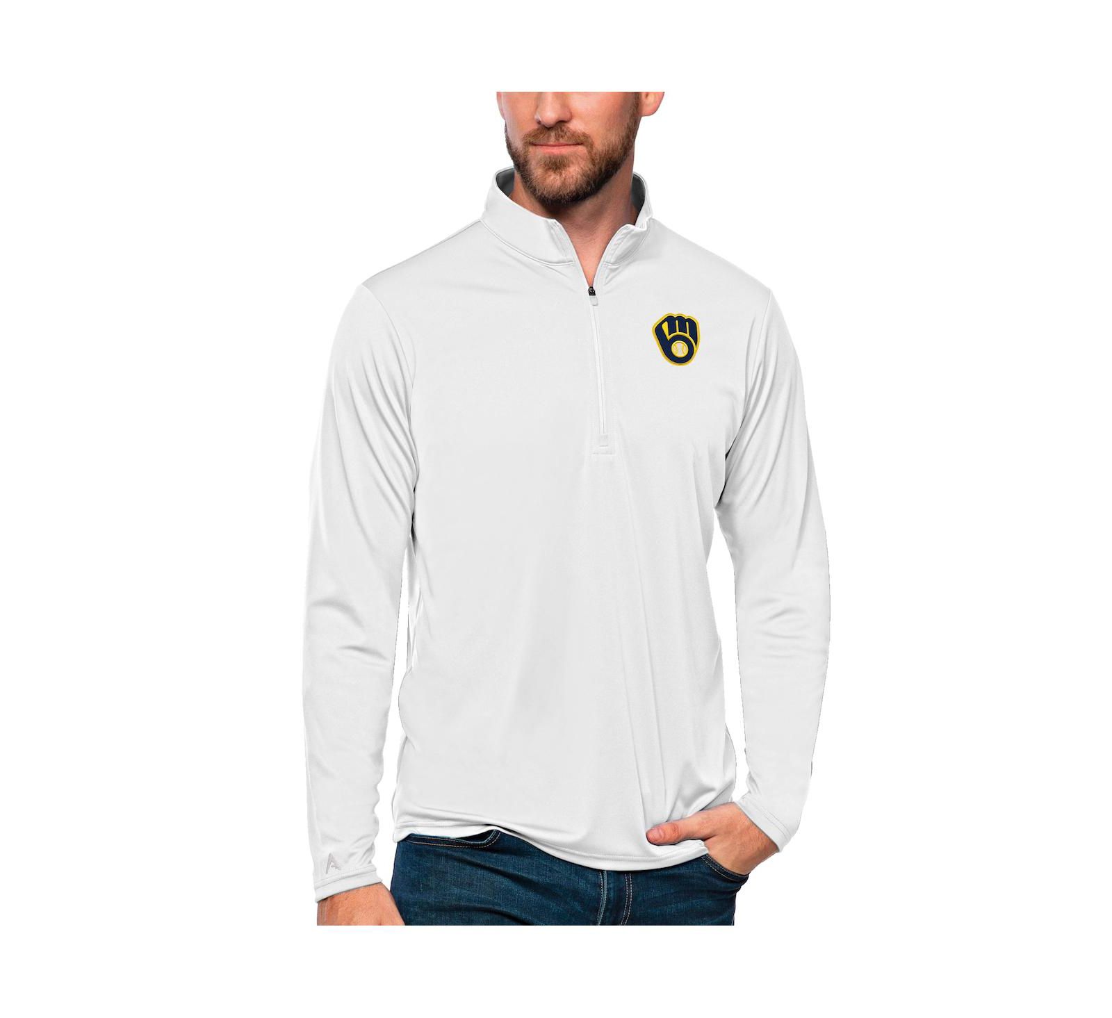 Antigua Men's White Milwaukee Brewers Tribute Quarter-Zip Pullover Top