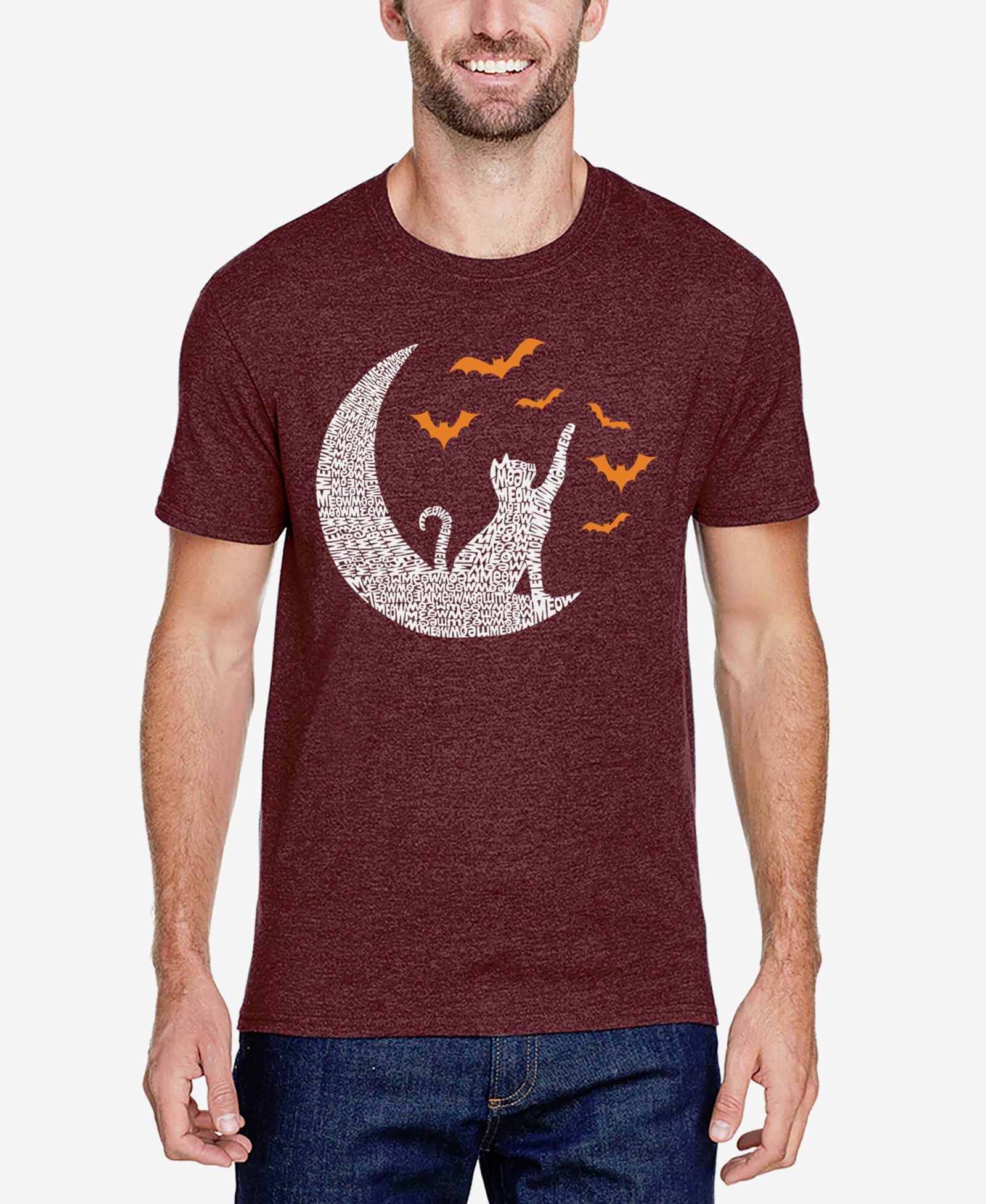 LA Pop Art Men's Cotton/Poly Blend Word Art T-Shirt - Lunar Cat with Bats