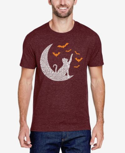 LA Pop Art Men's Cotton/Poly Blend Word Art T-Shirt - Lunar Cat with Bats