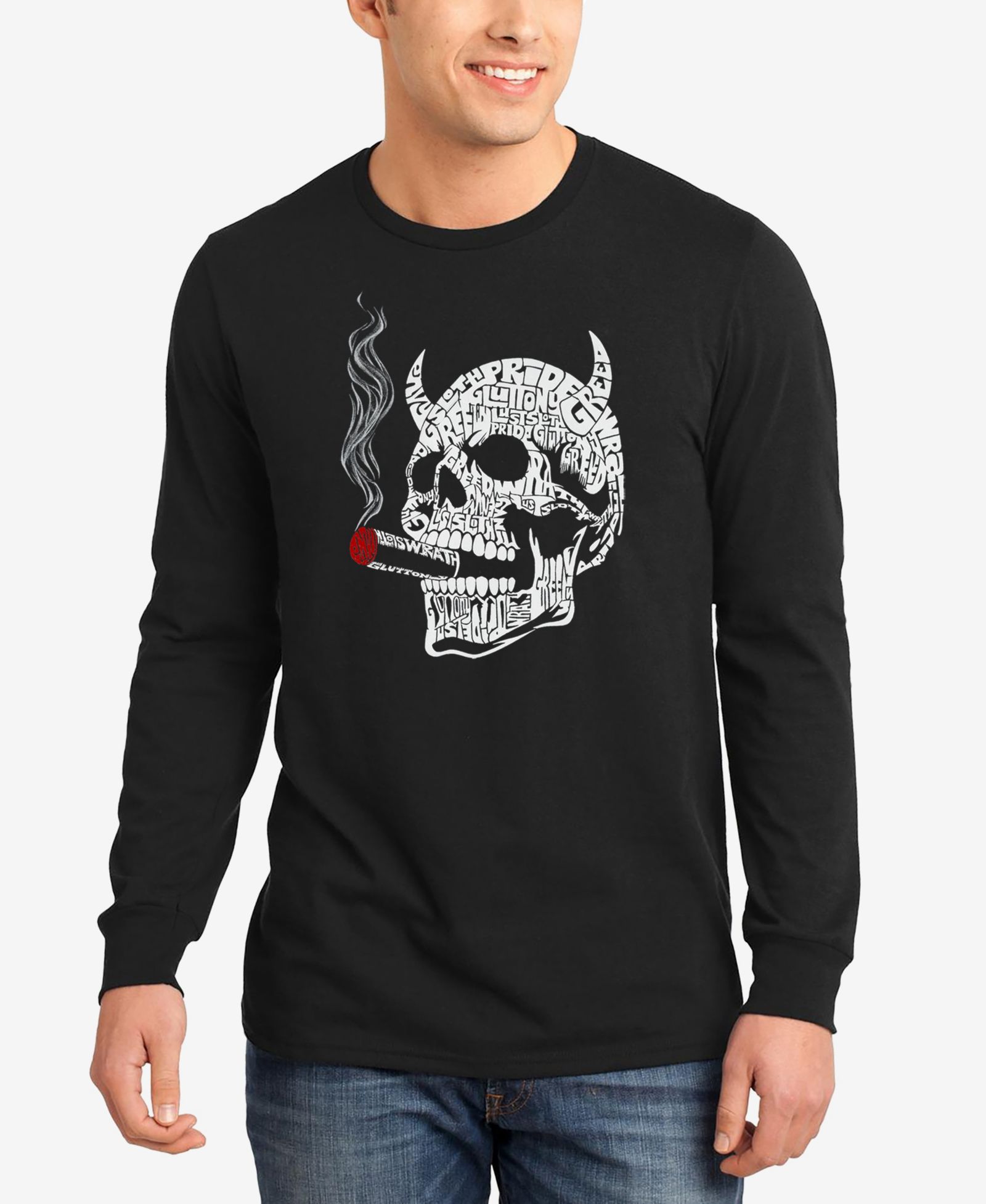 LA Pop Art Мужская футболка с длинным рукавом 7 Deadly Sins Skull Word Art