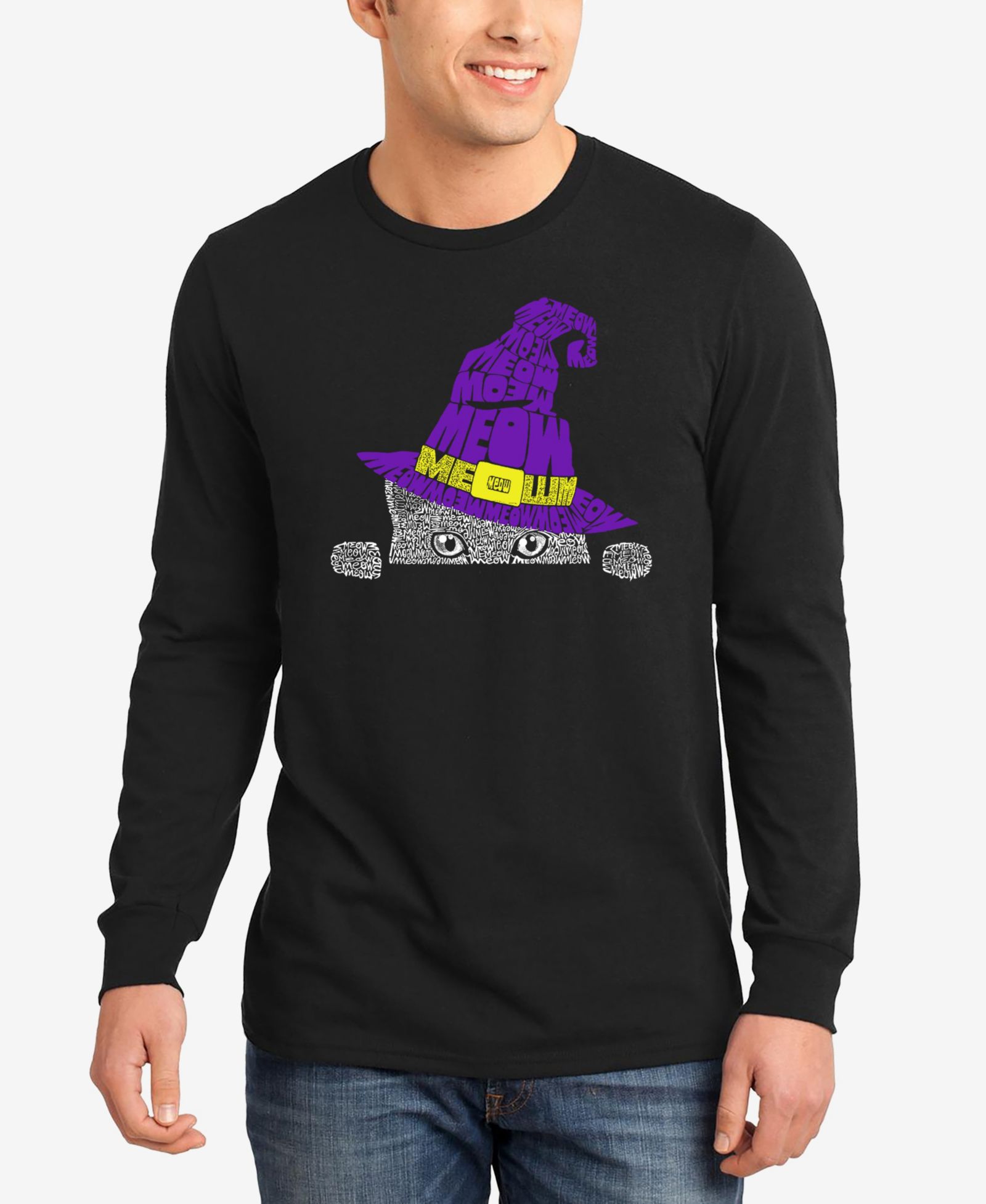 LA Pop Art мужская футболка с принтом Peeking Witch Cat Long Sleeve