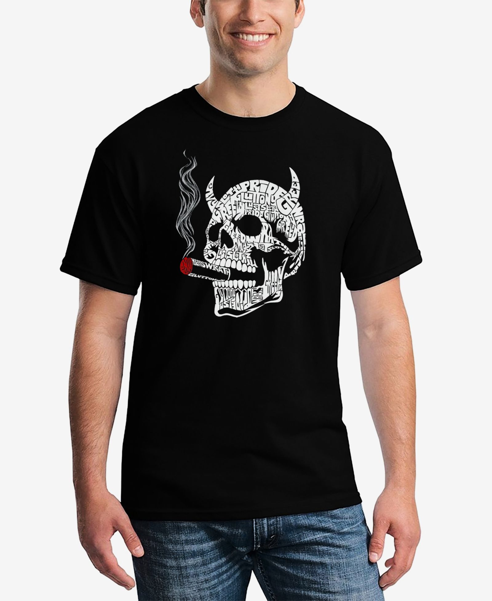 LA Pop Art Men's 7 Deadly Sins Skull Word Art T-Shirt