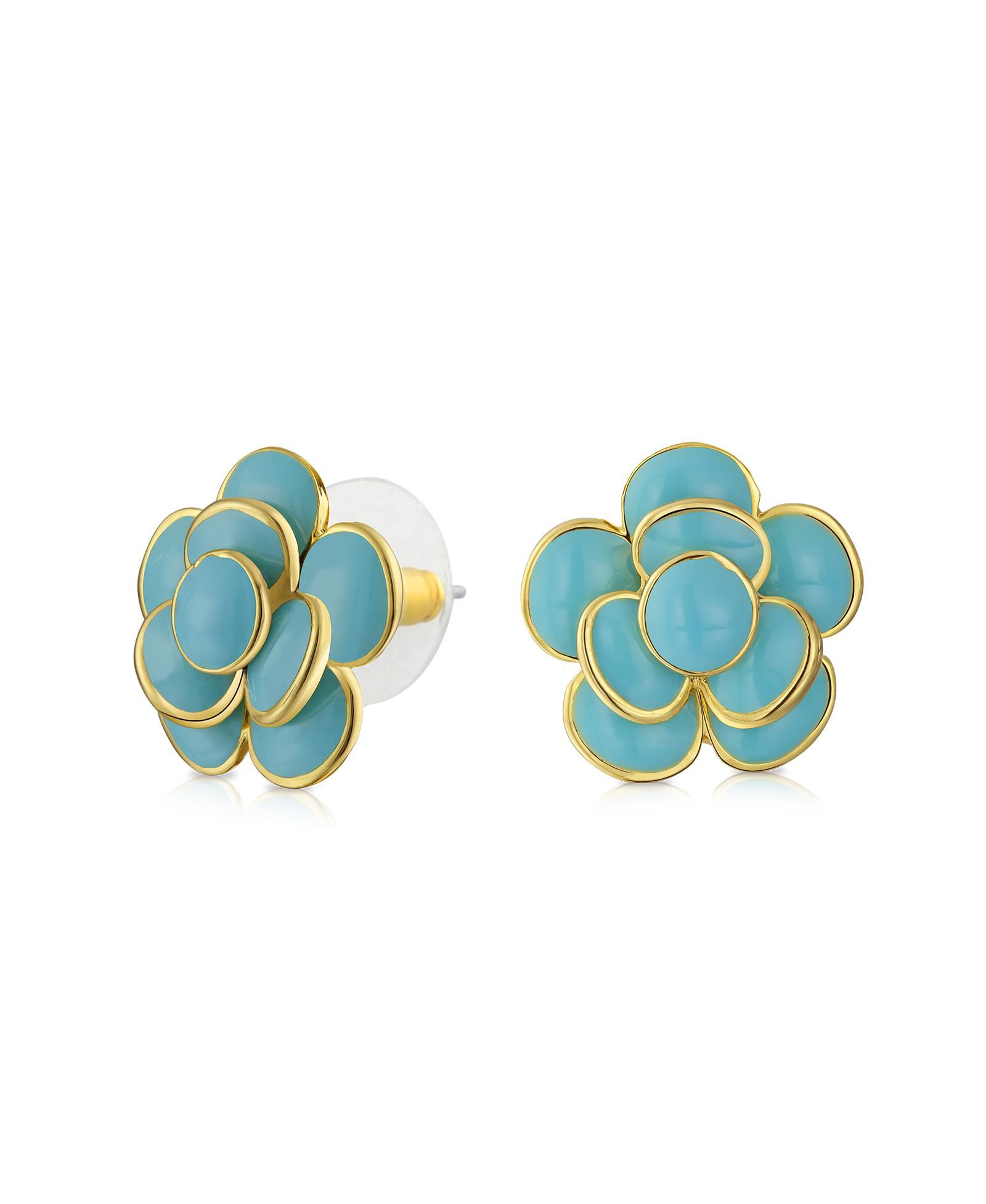 Bling Jewelry Retro Turquoise Blue Enamel Rose Flower Stud Earrings Gold Plated