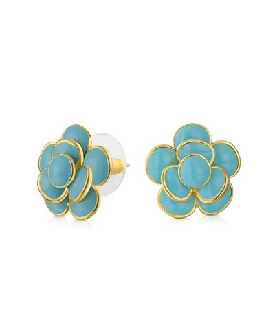 Bling Jewelry Retro Turquoise Blue Enamel Rose Flower Stud Earrings Gold Plated