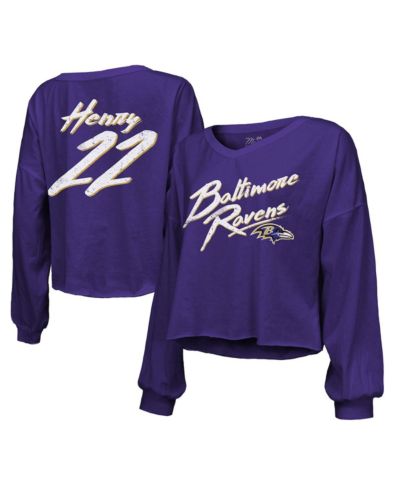 Женская футболка Majestic Derrick Henry Purple Baltimore Ravens Off-Shoulder Cropped Long Sleeve V-Neck