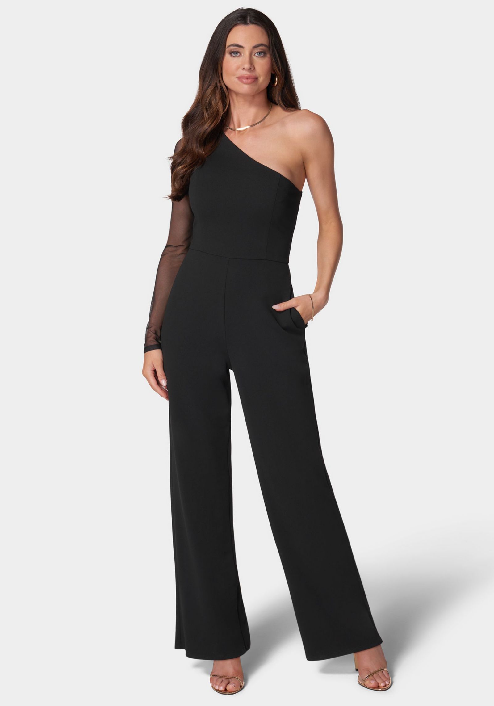 Женский комбинезон Bebe Women's Long Sleeve Mesh One Shoulder Jumpsuit