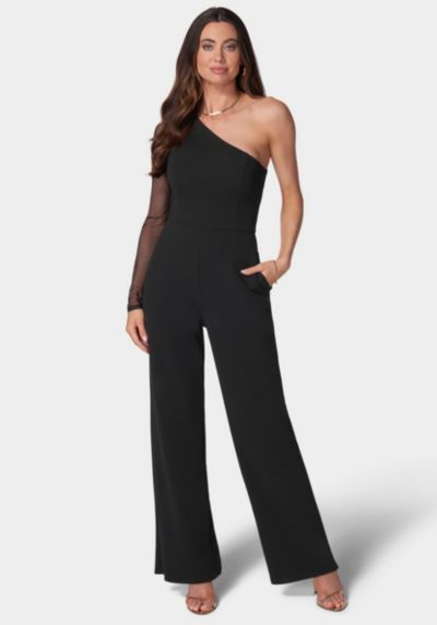 Женский комбинезон Bebe Women's Long Sleeve Mesh One Shoulder Jumpsuit