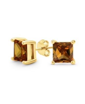 Bling Jewelry Square Brown CZ Princess Cut Stud Earrings 14K Gold Plated Sterling Silver