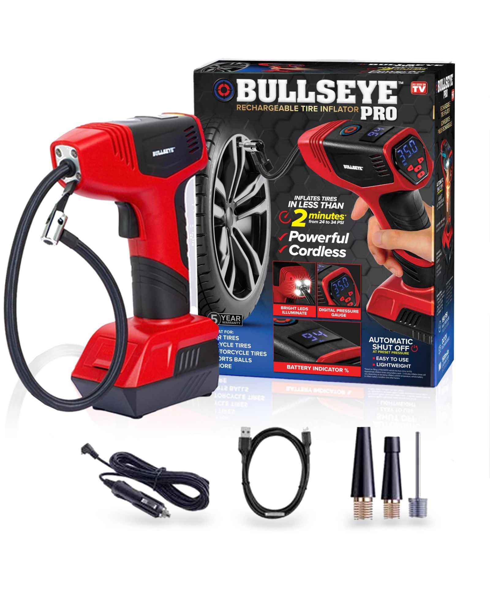 Насос для шин BULLSEYE Pro 150 PSI беспроводной с цифровым манометром и индикатором заряда