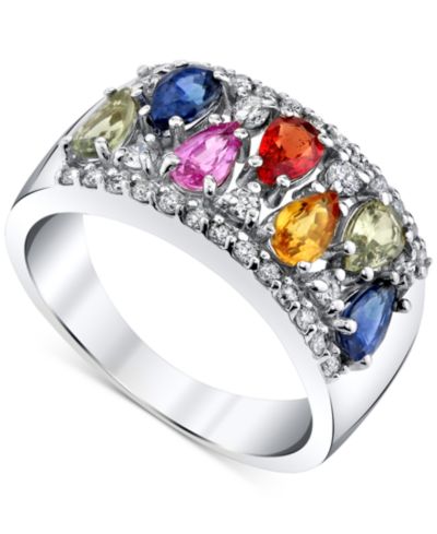 Кольцо Macy's Multi-Sapphire & Diamond Wide Ring в 14k White Gold