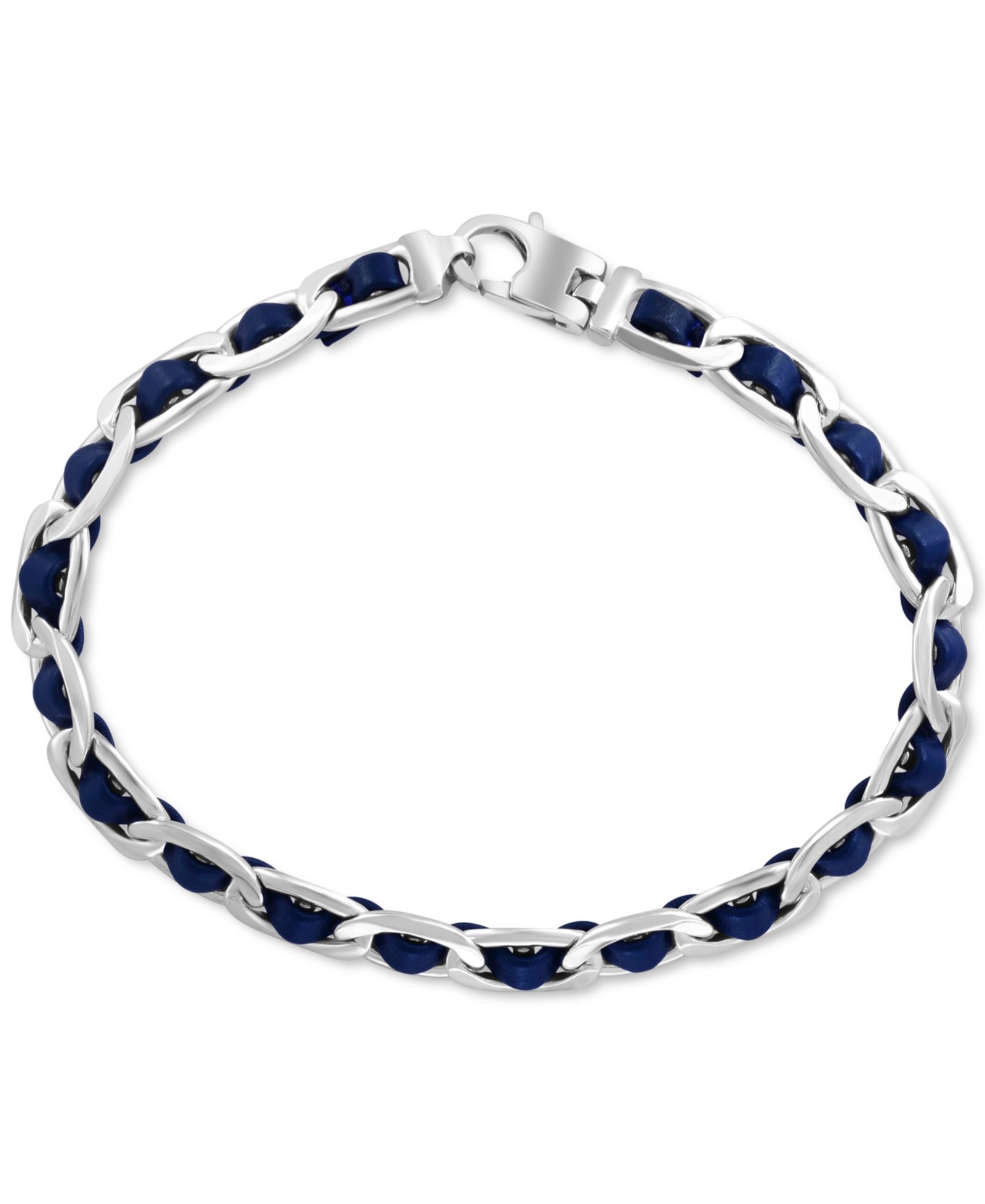 EFFY® Men's Blue Leather Woven Link Bracelet in Sterling Silver