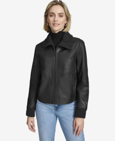 Andrew Marc Black Label Women's Beatrix Rib-Knit Trimmed Leather Jacket