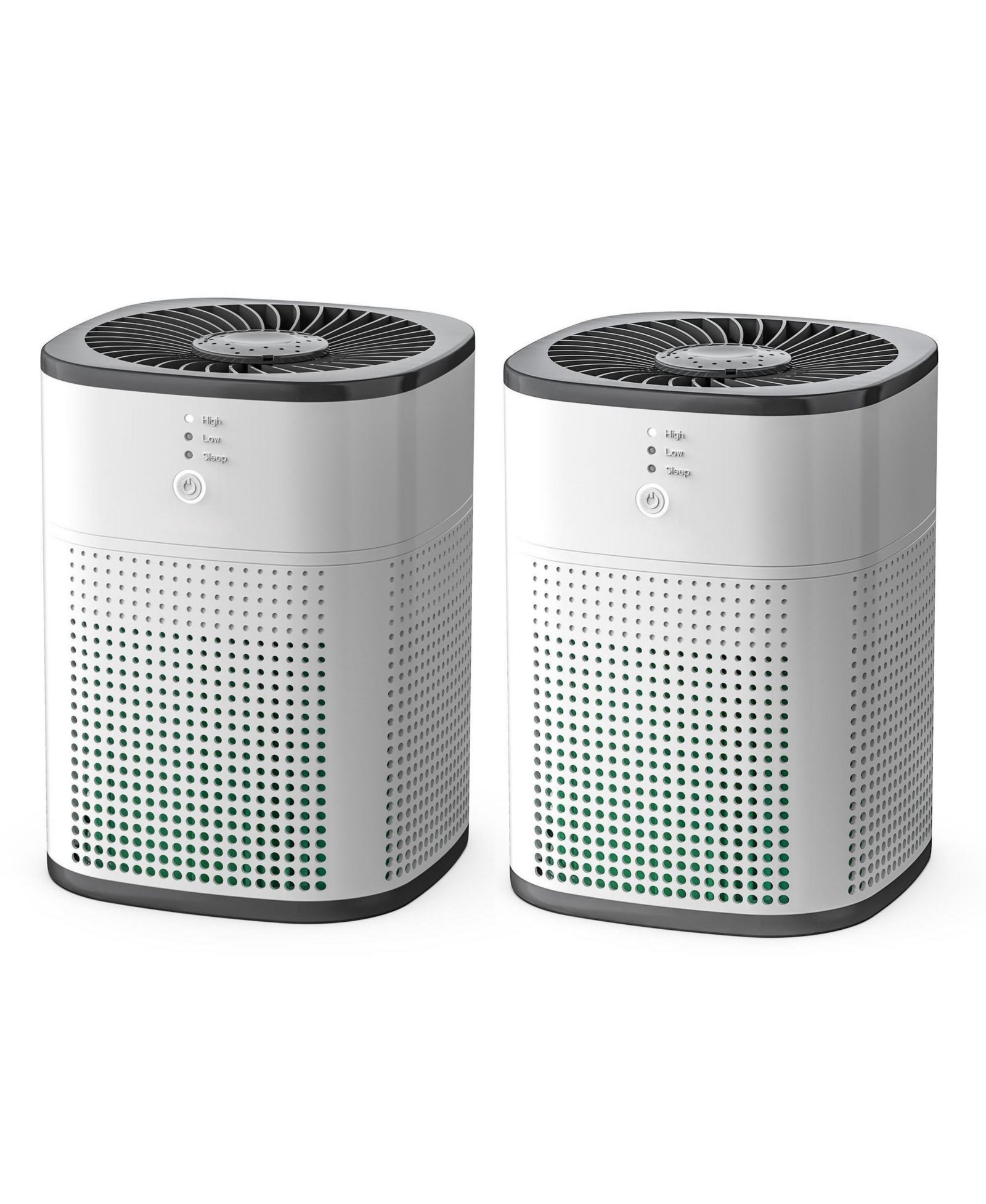 HEATDAZ 2-Pack Air Purifiers for bedroom. Features True HEPA filter, ultra-quiet 24dB Sleep Mode, ideal for pet owners. White & Black