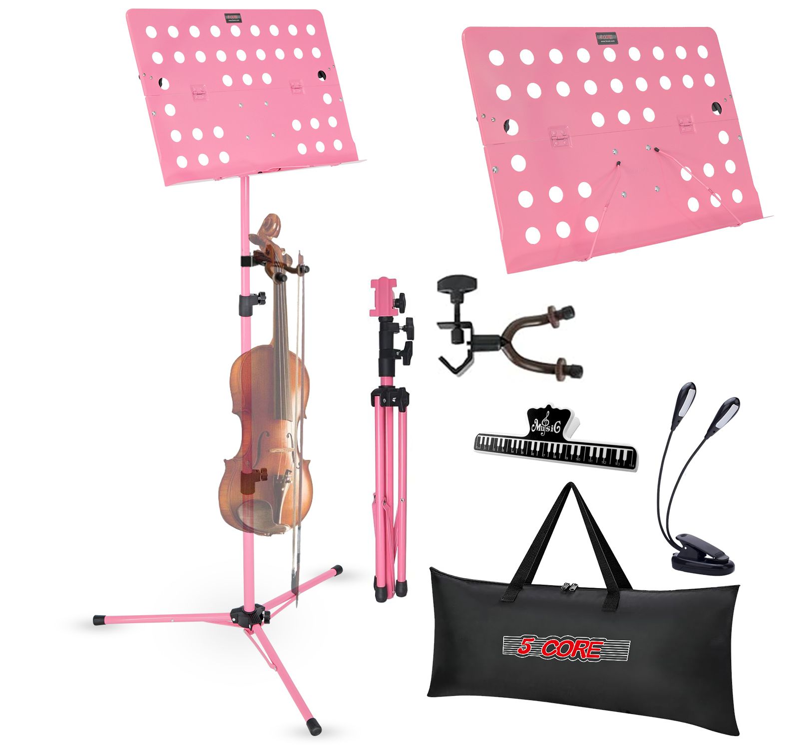 5 Core Music Stand For Sheet Music Height Adjustable Portable Folding Atril Para Partituras w Light Clip for Guitar Players Violinists Cellists Pianists