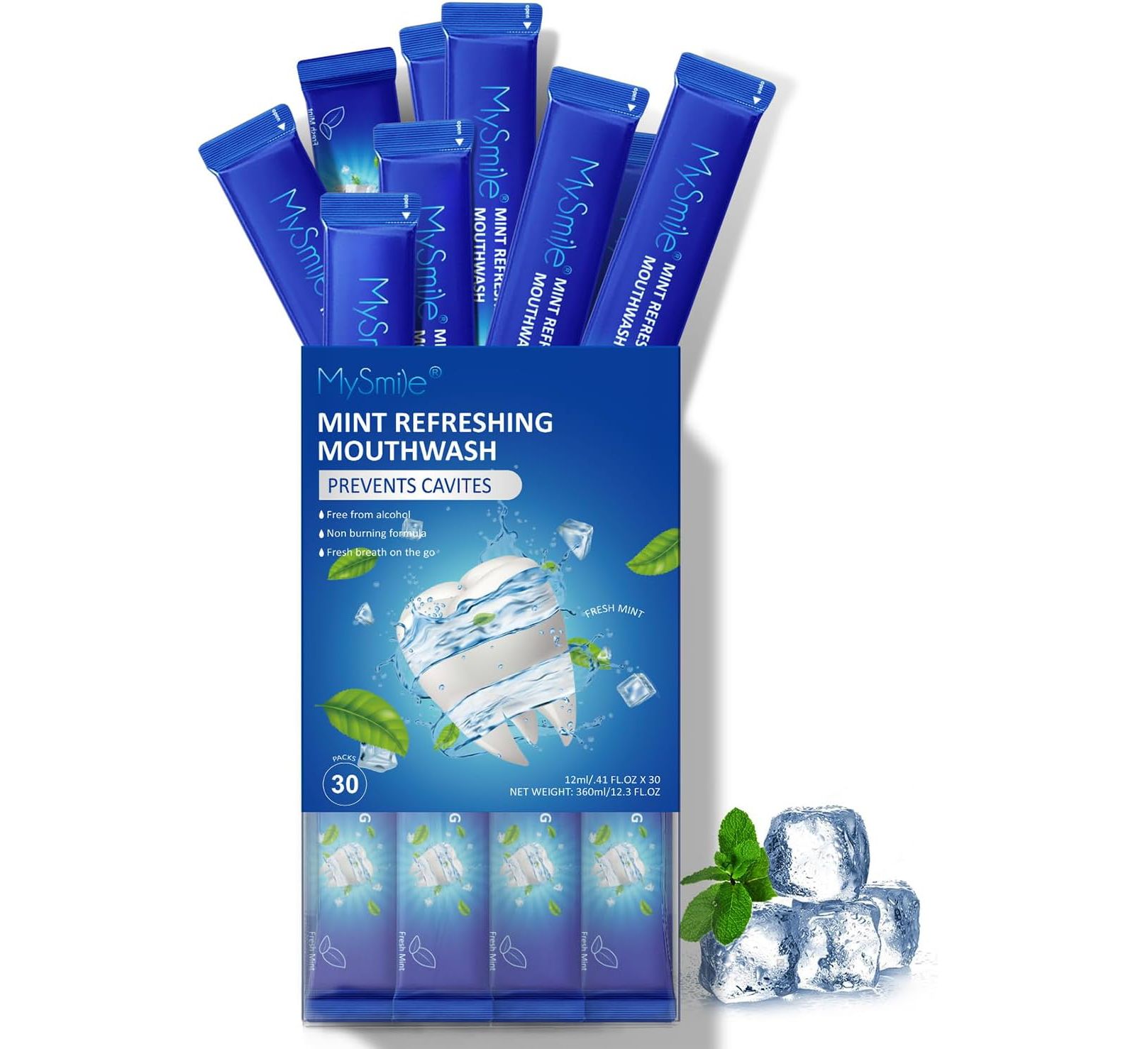 MySmile Portable Alcohol-Free Mouthwash for Adults, Kills 99% of Bad Breath Germs, Fluoride-Free, Fresh Mint, 30 Uses (0.41 Fl Oz, Pack of 30)