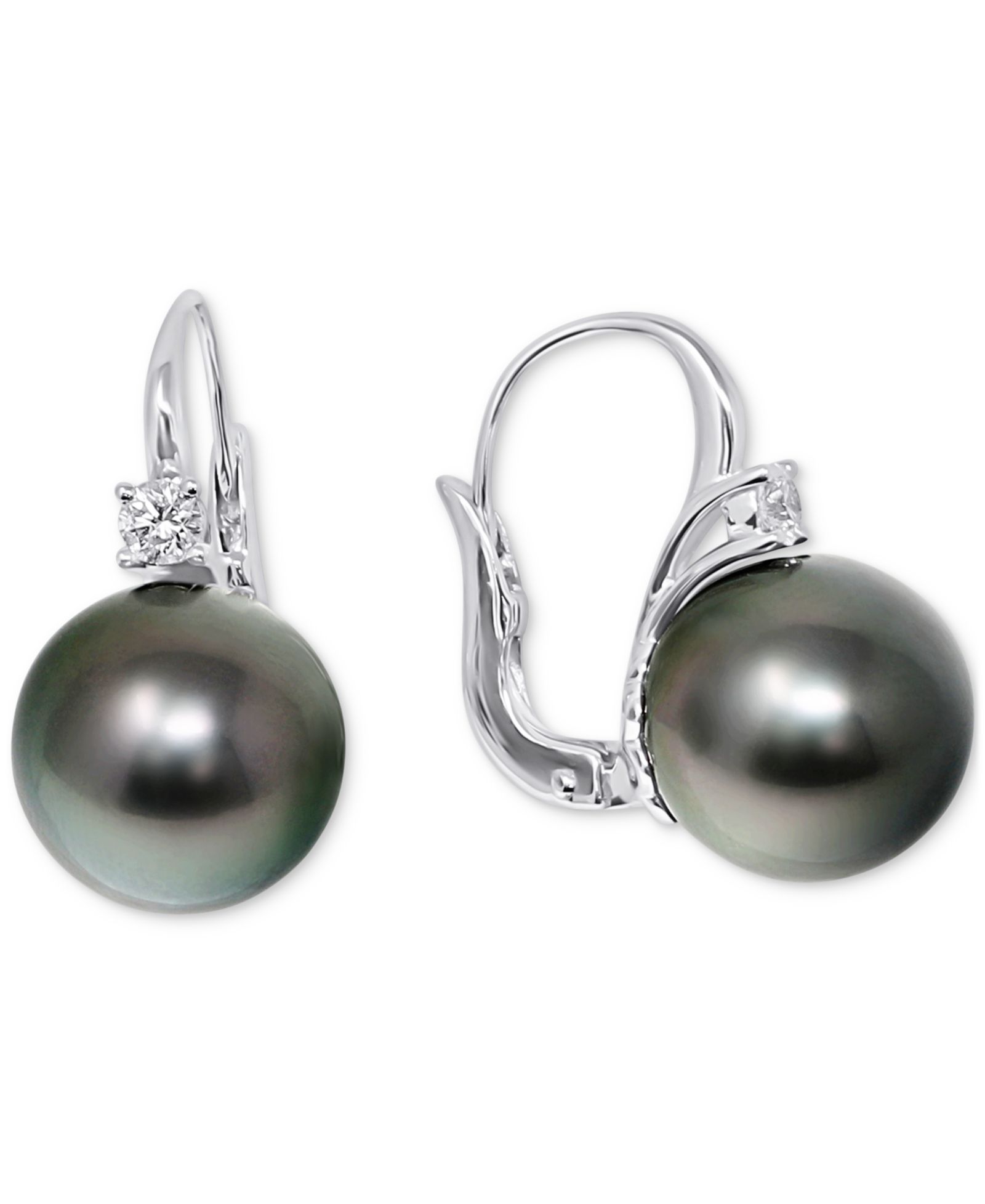 Серьги-гвоздики с таитянской жемчужиной (11mm) и бриллиантом (1/5 ct. t.w.), белое золото 14k