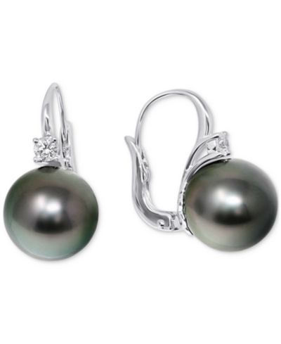 Серьги-гвоздики с таитянской жемчужиной (11mm) и бриллиантом (1/5 ct. t.w.), белое золото 14k