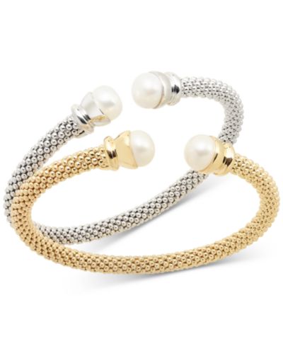 2-Pc. Set Cultured Freshwater Pearl (8 - 8-1/2mm) Mesh Cuff Bangle Bracelets in Sterling Silver & 14k Gold-Plate