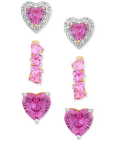 Комплект из 3 серег: розовый сапфир (6 ct. t.w.) и белый сапфир (1/2 ct. t.w.), серьги-гвоздики и маленькие серьги-кольца, 14k Gold-Plated Sterling Silver