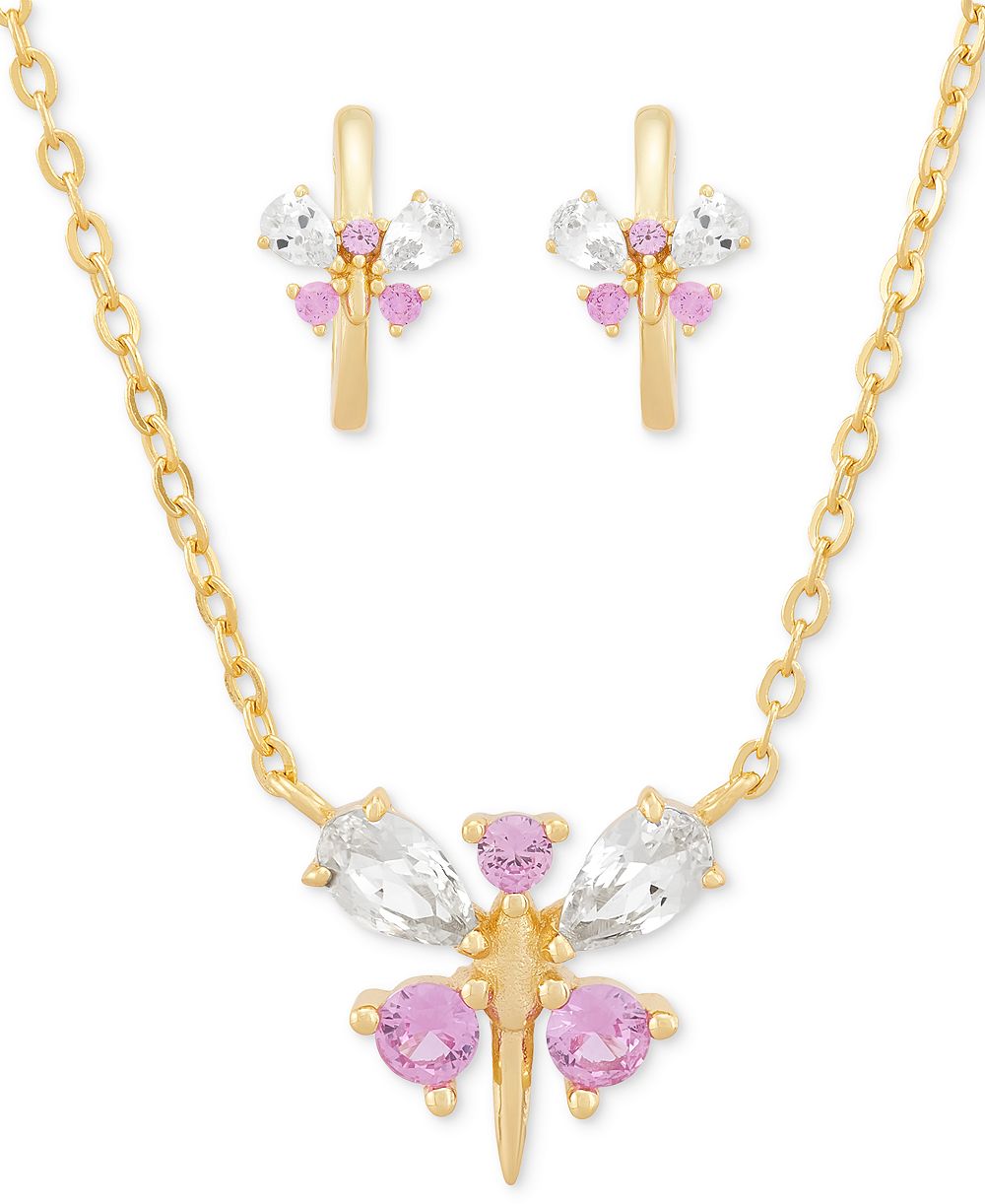 2-Pc. Set Lab Created Pink Sapphire (1/2 ct. t.w.) & Lab Created White Sapphire (1-1/20 ct. t.w.) Dragonfly Pendant Necklace & Matching Hoop Earrings in 14k Gold-Plated Sterling Silver