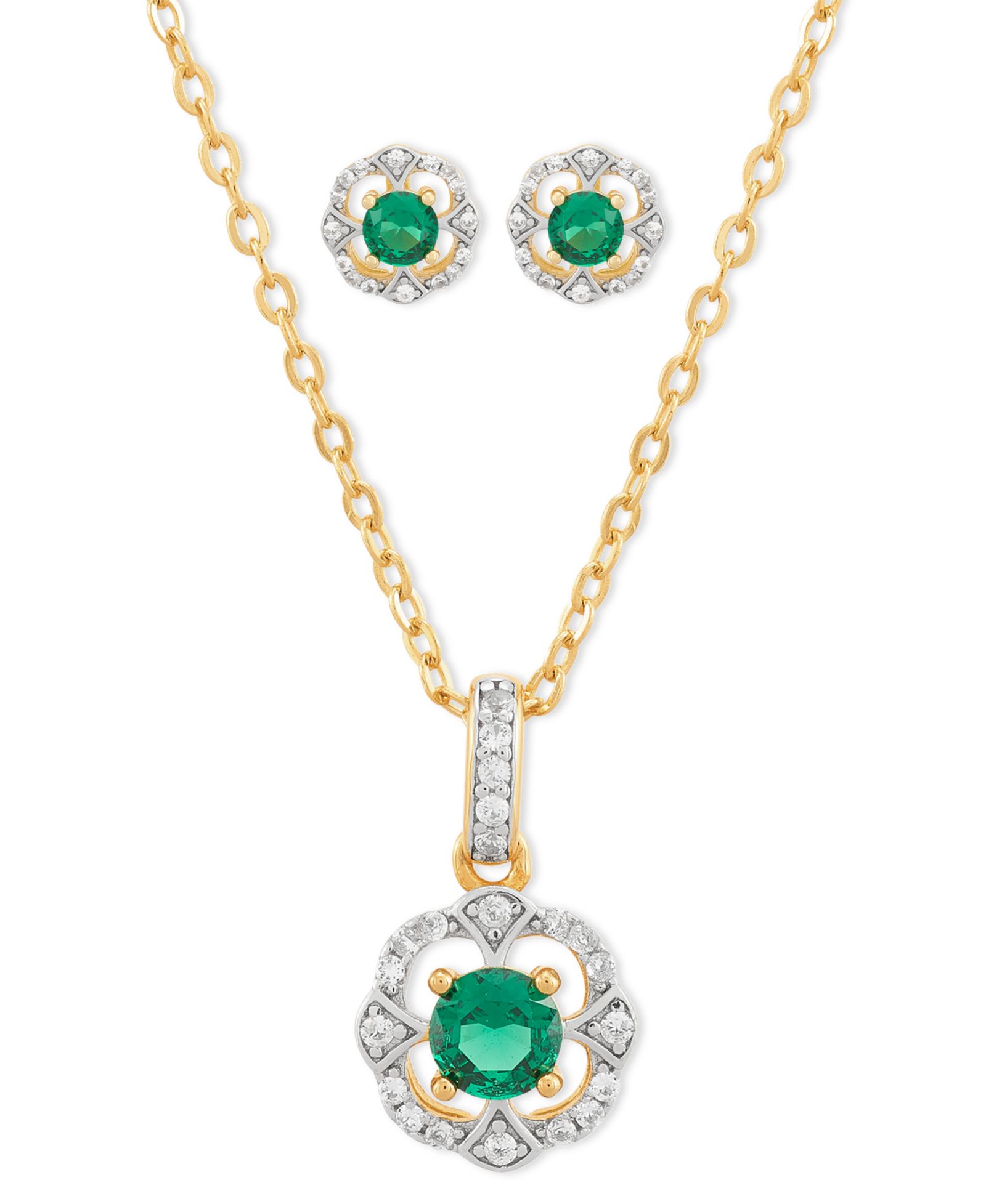 2-Pc. Set Lab Created Emerald (7/8 ct. t.w.) & Lab Created White Sapphire (1/3 ct. t.w.) Vintage Inspired Halo Pendant Necklace & Matching Stud Earrings in 14k Gold-Plated Sterling Silver
