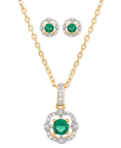 Комплект из 2-х украшений: винтажная подвеска-кулон с изумрудом (7/8 ct. t.w.) и белым сапфиром (1/3 ct. t.w.) и подходящие серьги-гвоздики в позолоченном серебре 14k Gold-Plated Sterling Silver