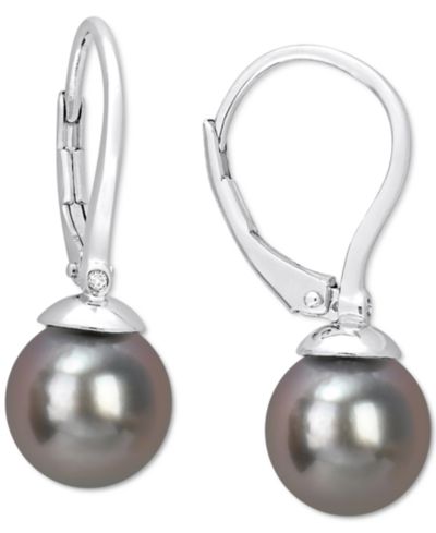 Cultured Tahitian Pearl (8mm) Leverback Drop Earrings in Sterling Silver