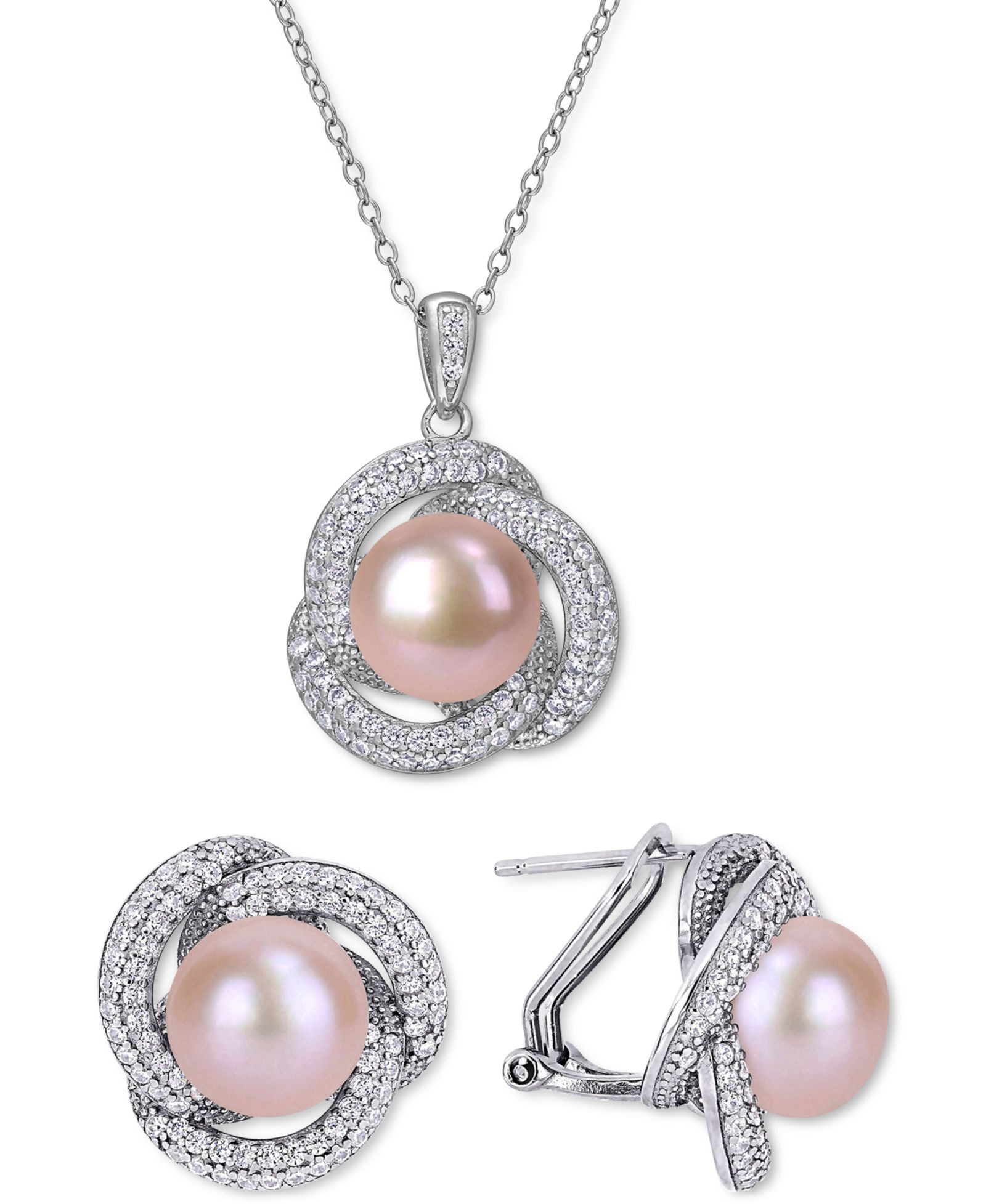 2-Pc. Set Pink Cultured Freshwater Pearl (9-1/2mm - 10-1/2mm) & Cubic Zirconia Love Knot Pendant Necklace & Matching Stud Earrings in Sterling Silver