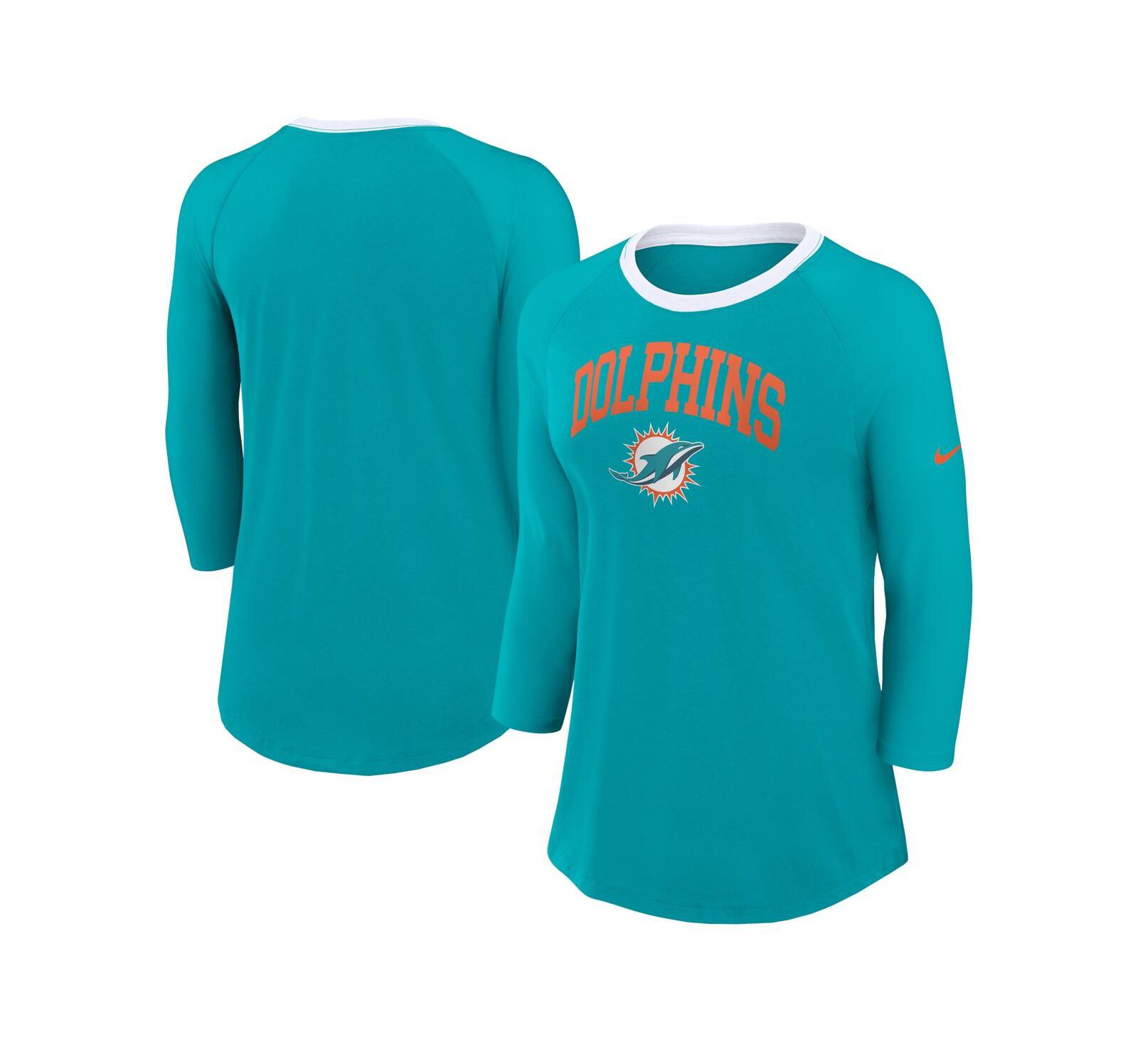 Nike Женская футболка Miami Dolphins Raglan, 3/4 рукава, цвет Aqua