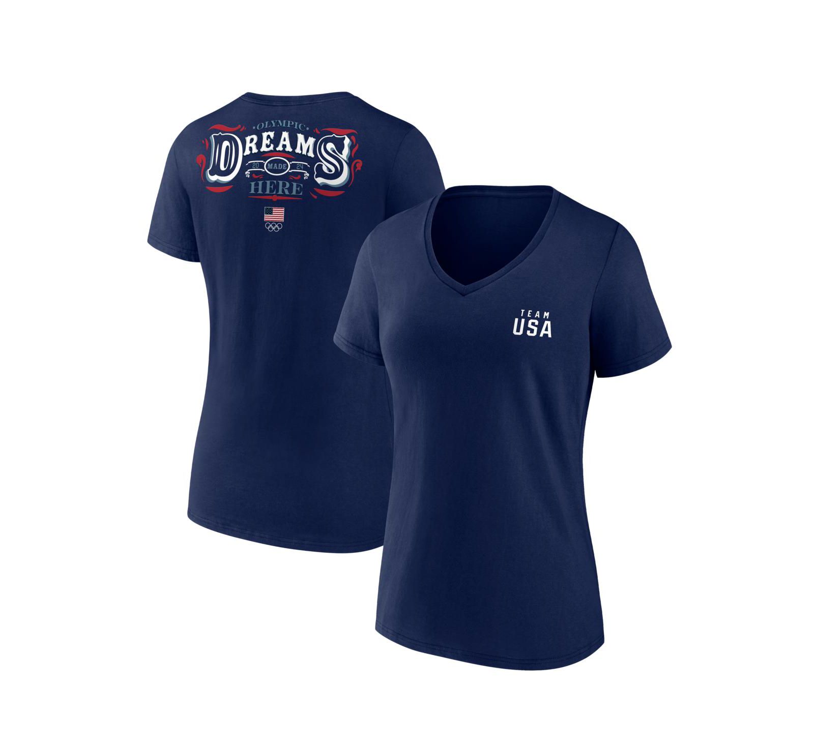 Женская футболка Fanatics с V-образным вырезом Navy Team USA Paris 2024 Summer Olympics Dreams Are Made Here