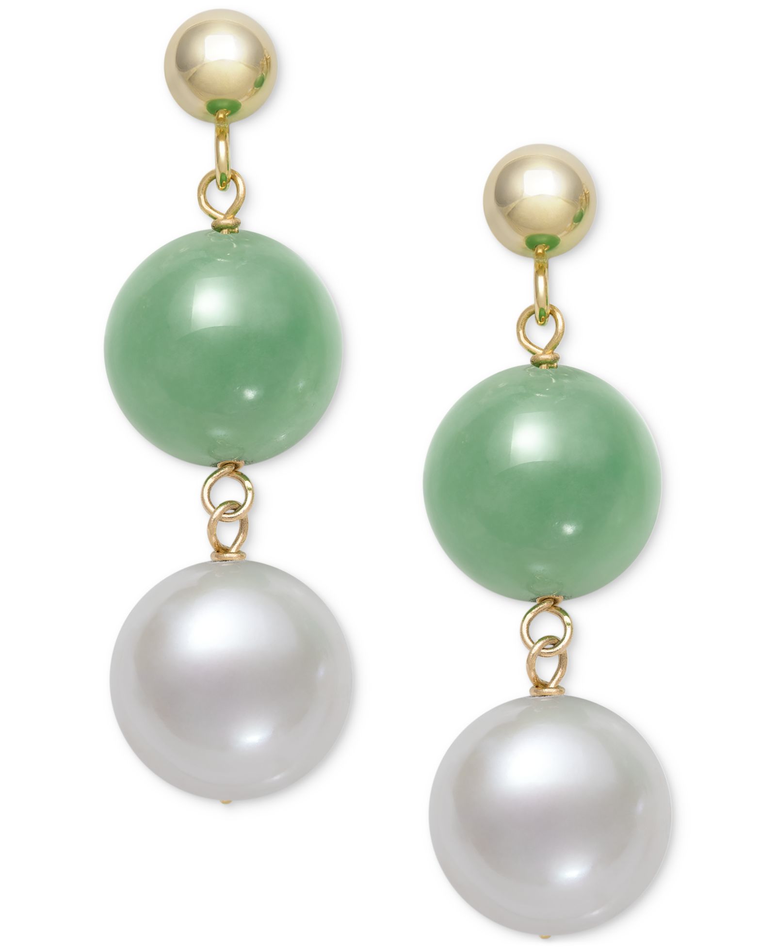 Dyed Green Jade & Freshwater Pearl (7-1/2mm) Double Drop Earrings in 10k Gold