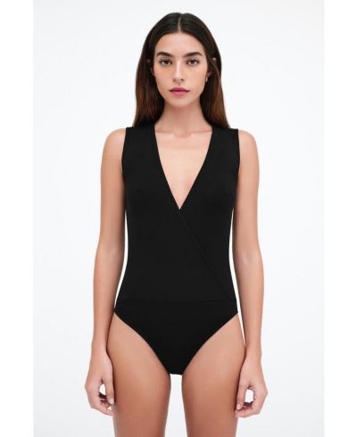 Marcella Women's Mia Sleeveless Faux-Wrap Jersey Bodysuit with Sheer Back