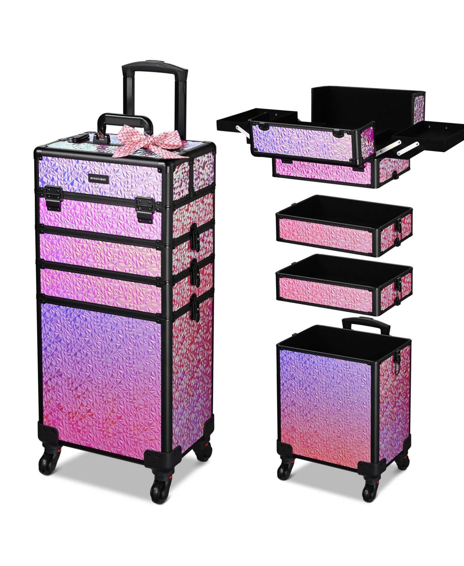 Byootique Mermaid Pink 4in1 Rolling Makeup Train Case Cosmetic Organizer Wheel