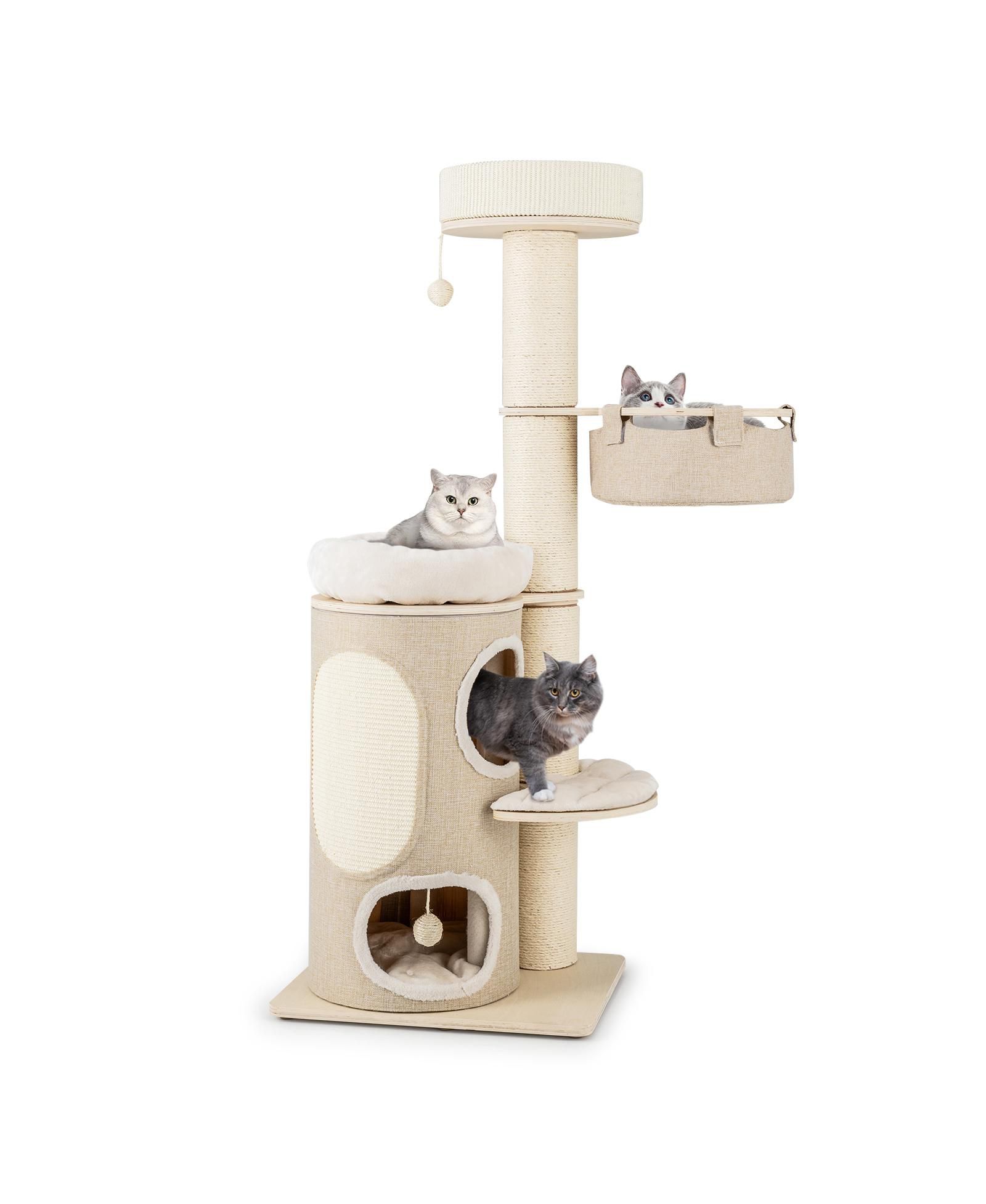 SUGIFT 61 Inches Cat Tree for Indoor Cats with 2-stoery Condo and Top Perch-Natural