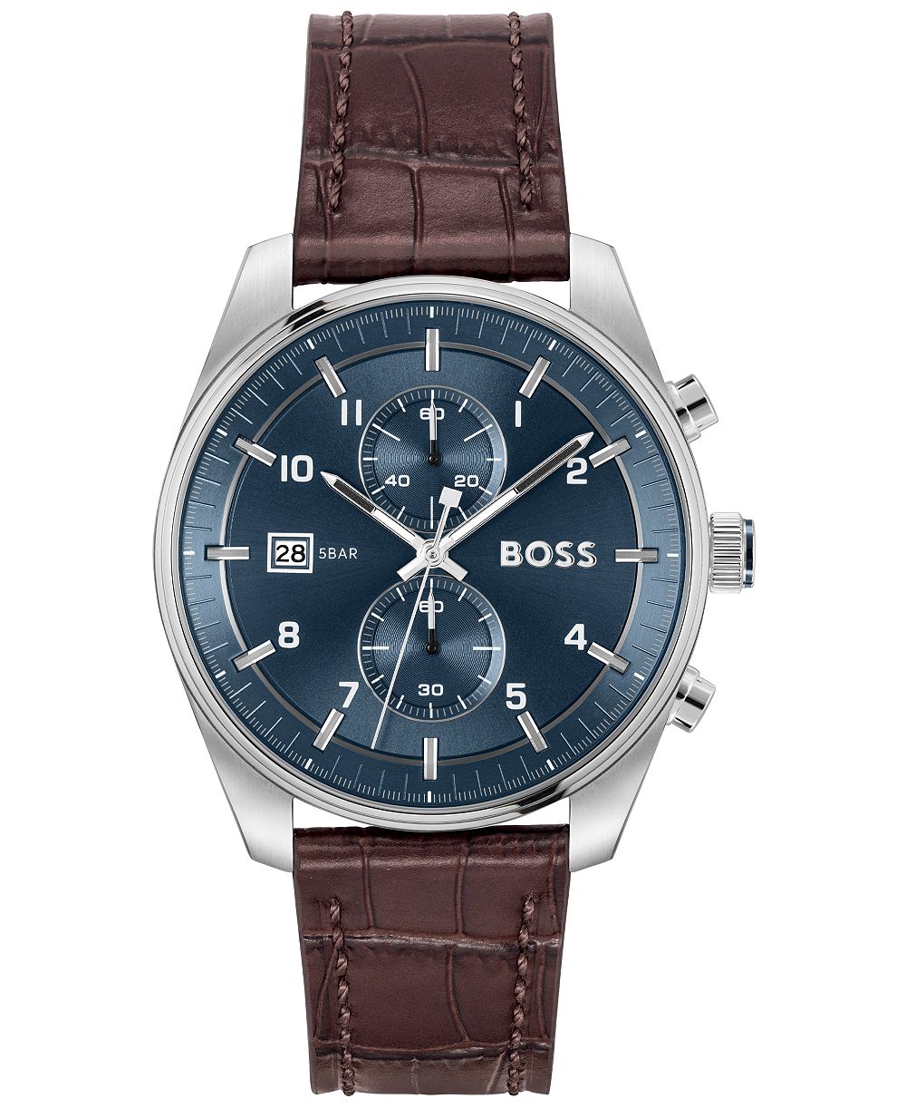 Мужские часы Hugo Boss Sky Traveler Quartz Fashion Chrono Brown Croc Leather 44mm