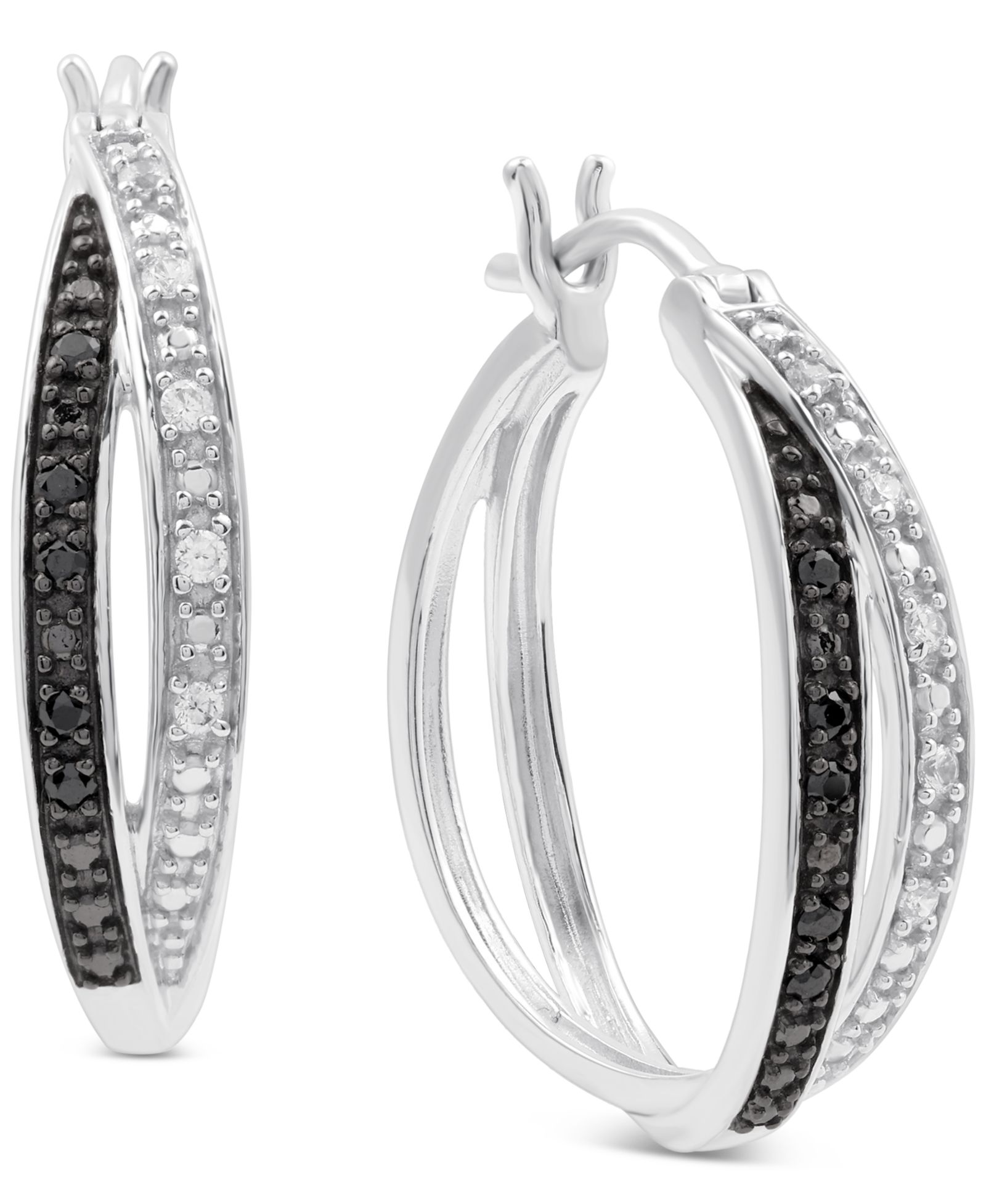 Black & White Diamond Double Crossover Small Hoop Earrings (1/6 ct. t.w.) in Sterling Silver