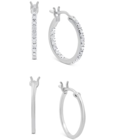 2-Pc. Set Diamond In & Out and Polished Small Hoop Earrings (1/6 ct. t.w.) in Sterling Silver