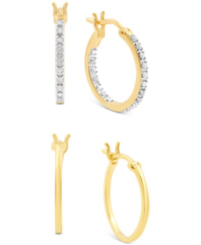 Набор из 2 шт. маленькие серьги-кольца Diamond In & Out и Polished в 14k Gold-Plated Sterling Silver