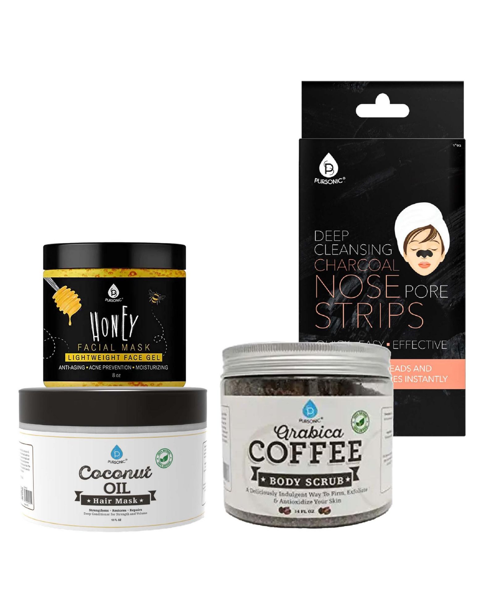 Подарочный набор Pursonic Pamper & Glow (6 полосок для носа с углем, скраб для тела с кофе 14 Oz, маска для волос с кокосовым маслом 10 Oz и маска для лица с медом 8 Oz)