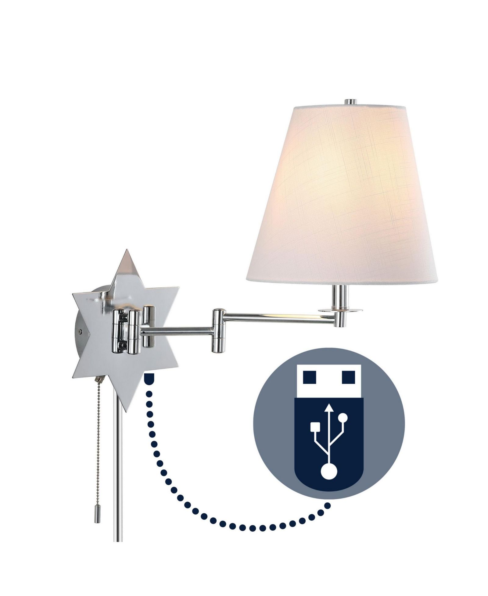 Настенное бра JONATHAN Y David 18.5" 1-Light Modern French Country Swing Arm Plug-In or Hardwired Iron LED Star с pull-chain и USB Charging Port
