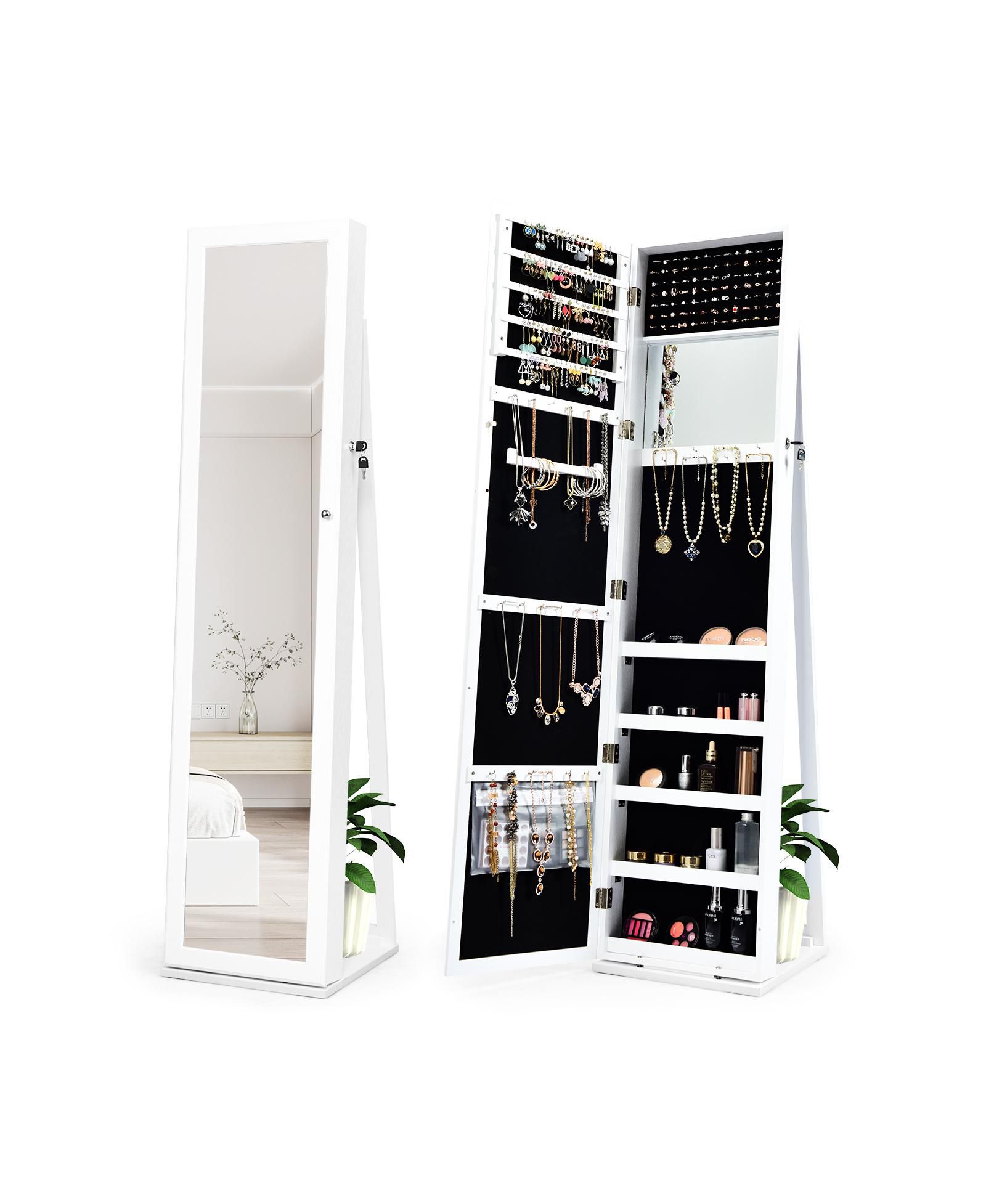 SKONYON Standing Lockable Jewelry Storage Organizer with Full-Length Mirror-White