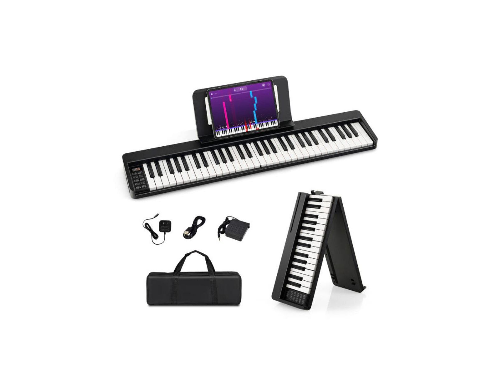 61-Key Folding Piano Keyboard with Full Size Keys, 5.5 lbs Weight, 128 Tones and 10-12 Hour Battery, Black