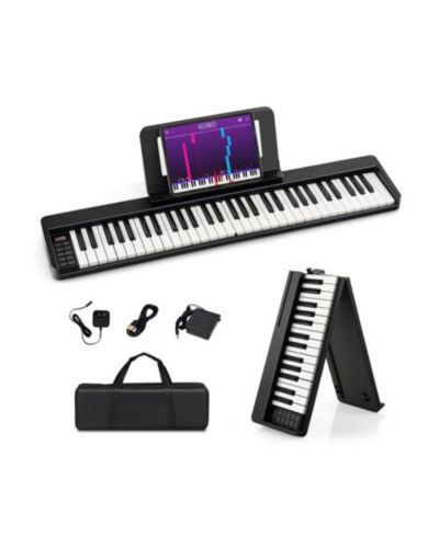 61-Key Folding Piano Keyboard with Full Size Keys, 5.5 lbs Weight, 128 Tones and 10-12 Hour Battery, Black