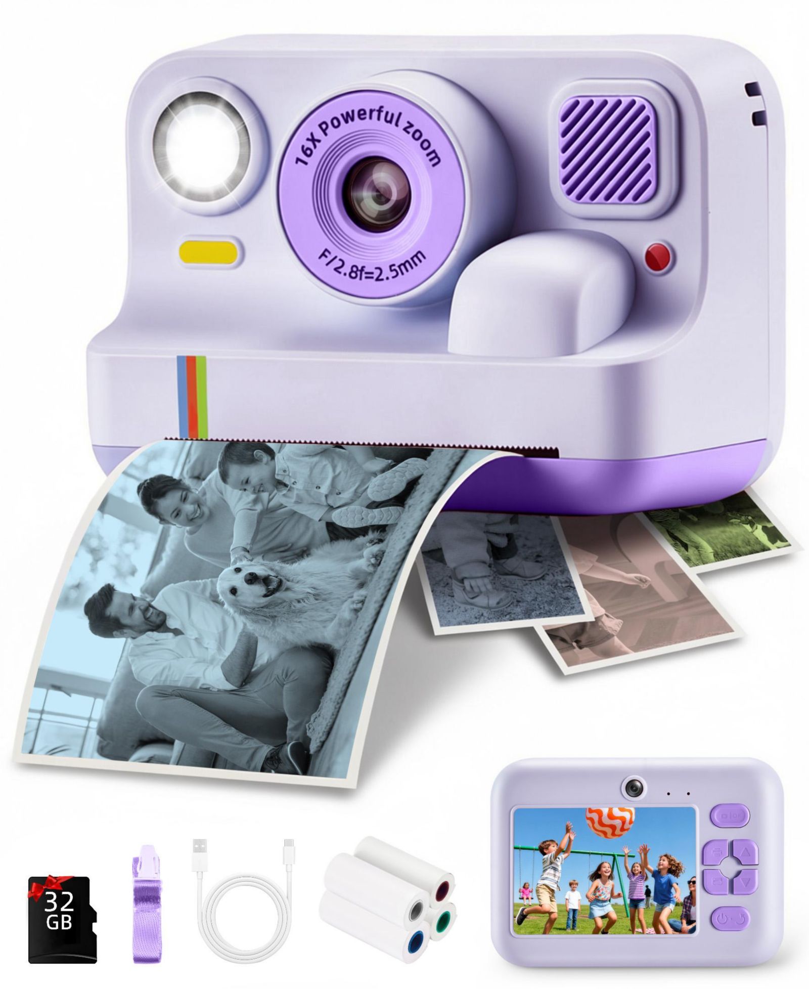 Kids Instant Print Camera 48MP with 16X Digital Zoom, 1080P HD Video, Bluetooth, Dual Lens, 2.4" Screen - Includes 32GB SD Card & 3 Print Rolls