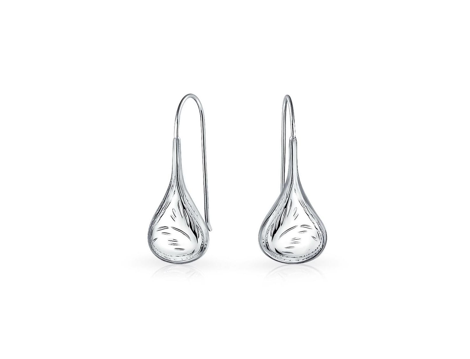 Bling Jewelry Etched Leaf Rain Drop Teardrop Earrings Fishhook Sterling Silver 1.75 in