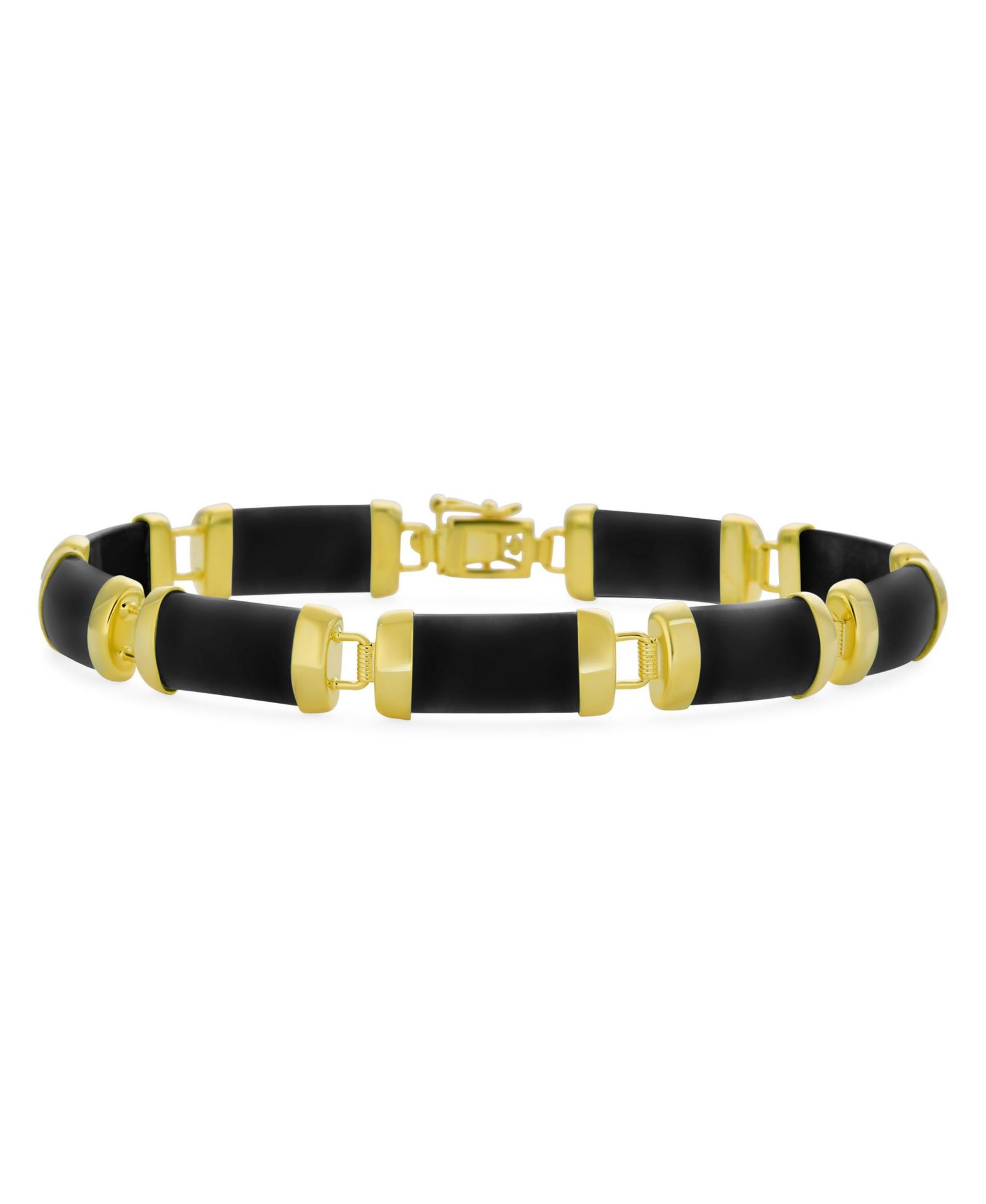 Браслет Bling Jewelry Black Onyx Jade.925 Sterling Silver Asian Style Gemstone Tube Bar Link Yellow 14K Gold