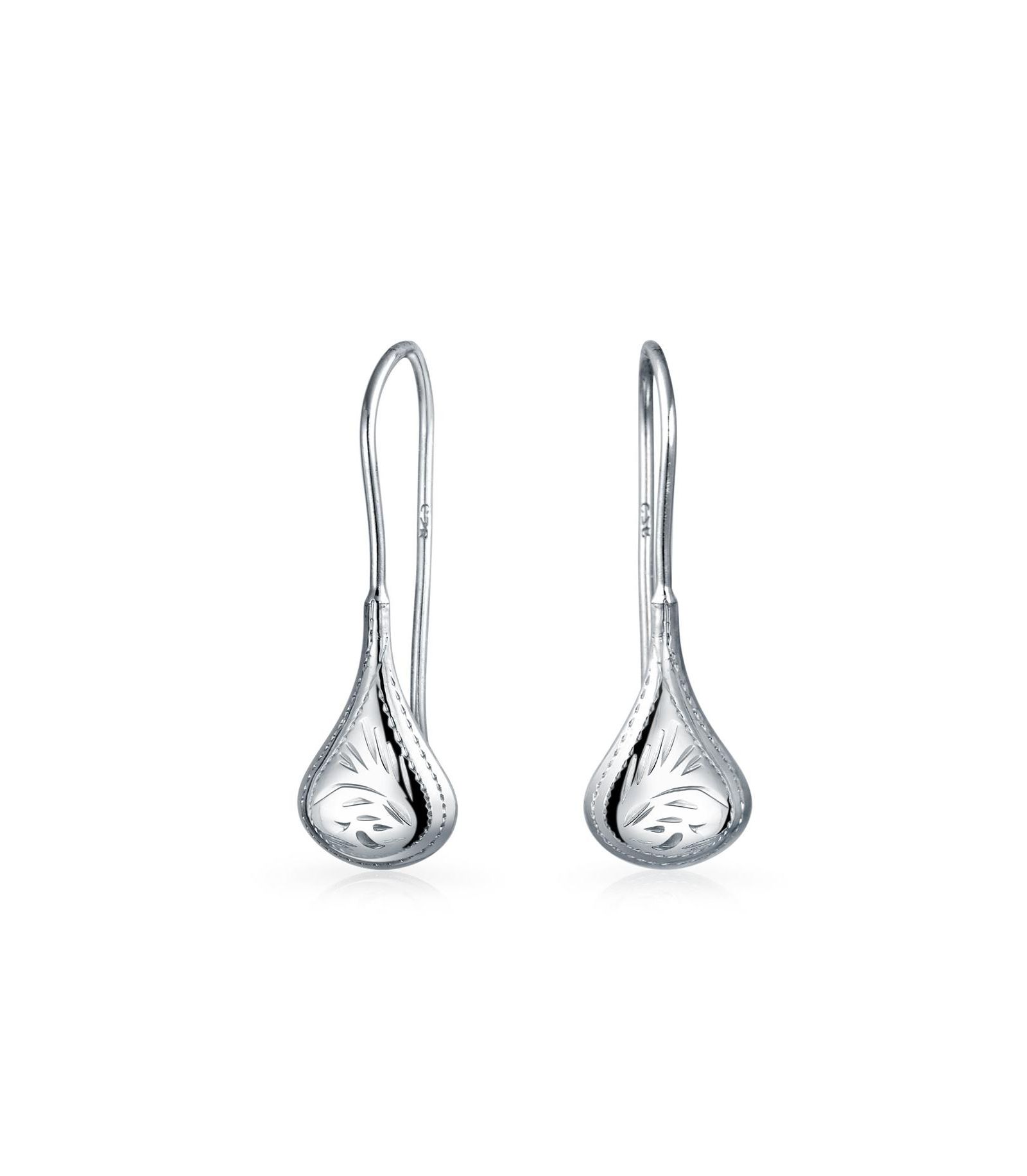 Bling Jewelry Etched Leaf Rain Drop Puffed Teardrop Earrings Fishhook Sterling Silver 1in