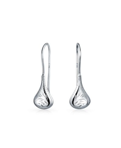 Bling Jewelry Etched Leaf Rain Drop Puffed Teardrop Earrings Fishhook Sterling Silver 1in