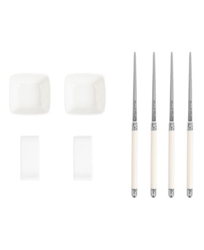 French Home Chopsticks with Faux Ivory Handles, Ceramic Rests and Sauce Bowls, Set of 2 Pairs